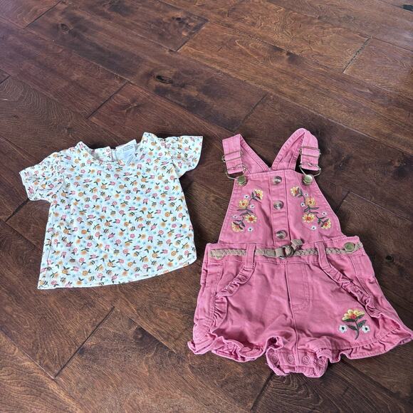 Little Lass Girls 18 Month Summer Outfit Shortalls Overalls Floral Pink Orange - Picture 1 of 7